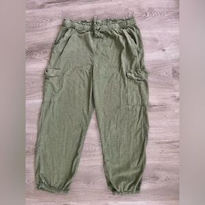 Aerie Green Linen Cargo Joggers Large Stretchy Comfortable Casual Loungewear